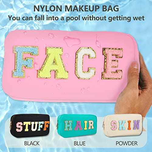 4PCS Nylon Zipper Waterproof Preppy Makeup Organizer Bag Set - Cosmetic Stuff Pouch for Women Travel Toiletry Organization Outdoor with Chenille Letter Patches