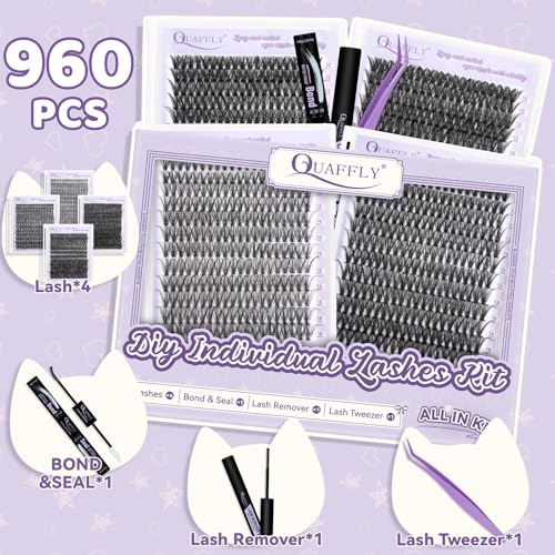 Lash Extension Kit 960Pcs D Curl Individual Lashes Kit Includes 4 styles of Lash Bond and Seal Remover and Tweezers (10-18MM-30+40+60+80D)