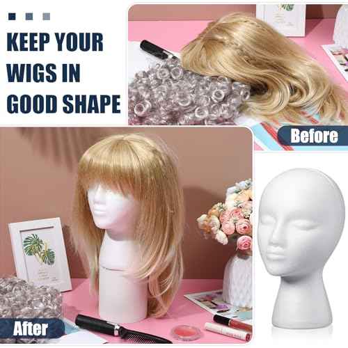 Gisafai 18 Pcs Foam Wig Head with 50 Pcs T Pins Female Foam Mannequin Wig Stand and Holder 11" Tall Cosmetics Model Head Display Hair, Hats Hairpieces Display for Home Travel Salon