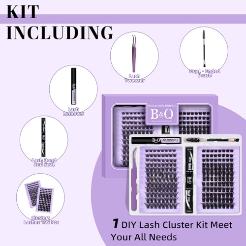 Lash Extension Kit 192 pcs Eyelash Extension Kit B02+B07 8-18mm Mixed Lash Clusters Kit Individual Lashes Kit Wispy with Lash Glue and Remover Applications Eyelash Kit (B02+B07, Kit)