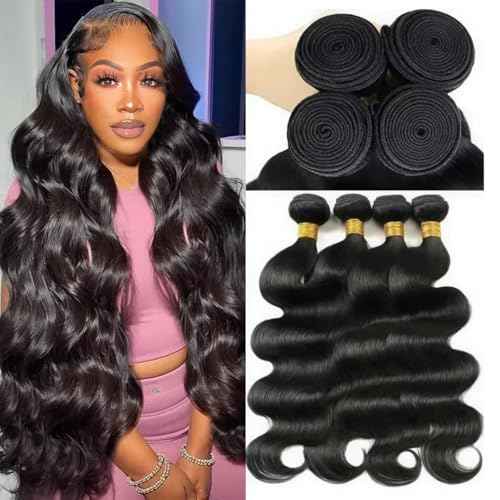 12A Human Hair Bundles Body Wave 4 Bundles Human Hair 20 22 24 26 Inch 100£¥ Unprocessed Brazilian Virgin Hair Quick Weave Wavy Human Hair Extensions for Women Natural Black