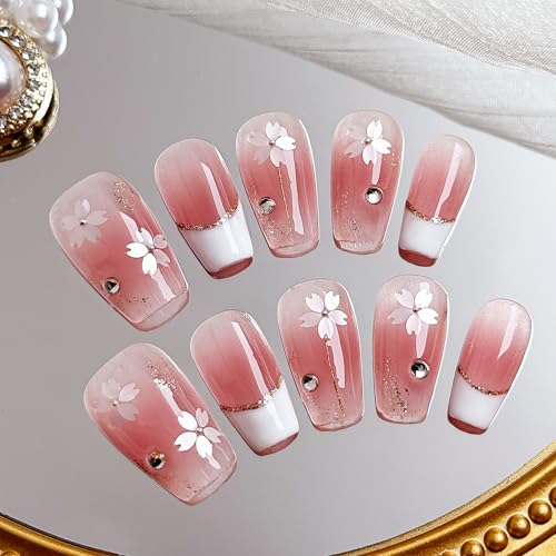 Veil Press On Nails 10pcs, Pink Cherry Blossom Gradient UV Gel/Acrylic False Nails, Elegant Floral French Tip Spring Blossom Nail Art for Women, Cute Pastel Flower Soft Glam Nail Set (Pink, M)