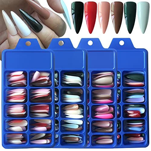 LuckForever 400pc Matte Press on Nails Long Stiletto Fake Nails Full Cover Colored French Artificial Fingernail Tips 4 Colors for Women Girls Manicure DIY