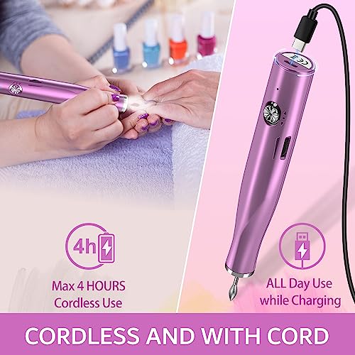 Electric Nail File - ZoCCee 22,000RPM Nail Drill- Cordless Drill with LED Light - Professional Nail Drill Kit - Rechargeable e File for Quick Manicure Pedicure (Cordless, Pink)