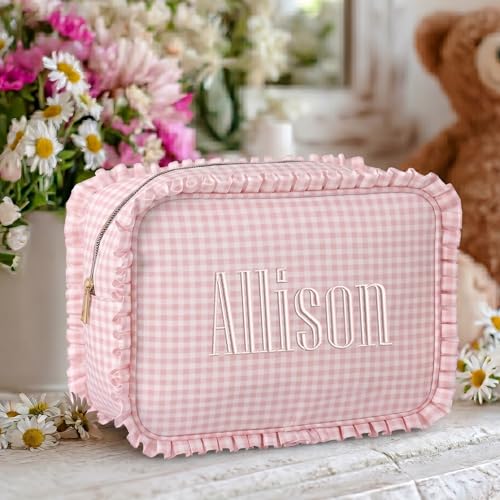 Personalized Light Blue Ruffle Gingham Cosmetic Bag 10.5x8x4.5