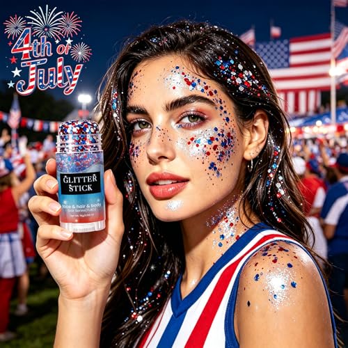 Patriotic Glitter Set - Red White Blue Glitter Stick & Face Tattoos