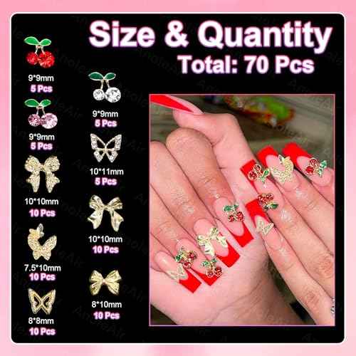 70 Pcs Cherry Nail Charms Gems, 3D Butterfly Bowknot Nail Art Charms, Alloy Bow Gold Butterfly Nail Gems Charms for Acrylic Nails, Gold Bows Nail Art Charms for Nails DIY Y2K
