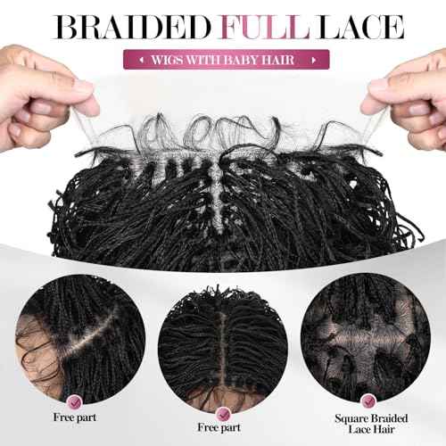 Micro Twist Braided Double Full Lace Wigs for Black Women Mini Braid Wig with Baby Hair Short Curly Box Braid Lace Synthetic Black Hair 14Inch