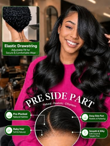 KLAIYI 16 Inch 13x4 Lace Front Wigs with Side Bangs Human Hair Loose Body Wave Glueless Pre-Styled