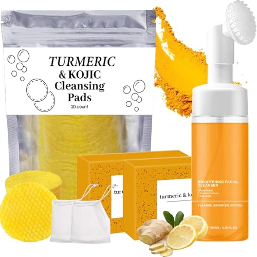 4Pcs Turmeric Wash and Care Three Piece Set,Turmeric Trio: Facial Wash,Cleansing Mousse & Soap for Skin Care,Turmeric Cleansing Exfoliating Pads,Turmeric Face Wash, Natural Skincare for Face & Body