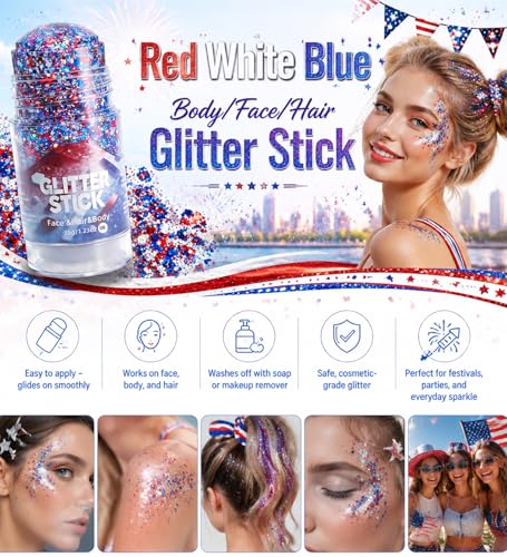 Go Ho Hexagon 1.23oz 4th of July Glitter Stick – Red White Blue Face Hair Body