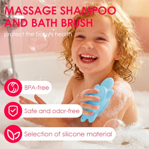 Children's Shower Brush, Silicone Body and Back Exfoliating Mitt - Soft Bristles, Gentle Exfoliation, Cute Turtle Design Makes Children Love Bathing(Wathet)