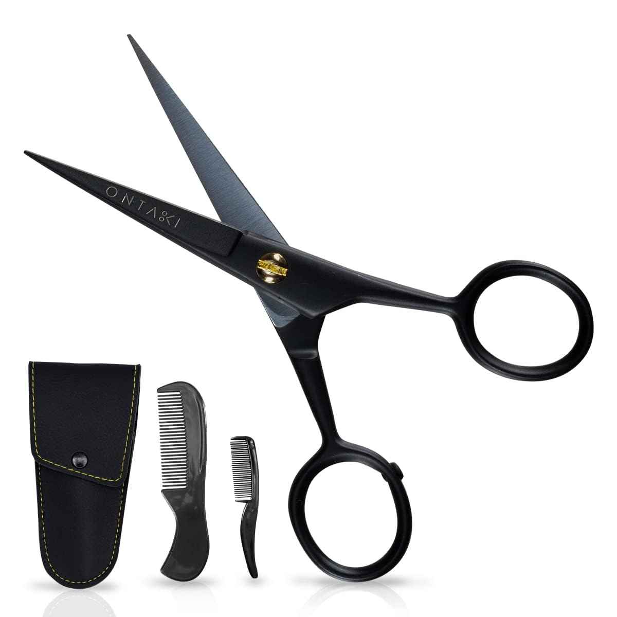 Ontaki Mustache Scissors for Men - 5-Inch, Black - German High-Carbon Steel Bevel-Edge for Precision - Beard Trimming Scissors - Includes Grooming Kit with Mustache & Beard Combs & Carrying Pouch
