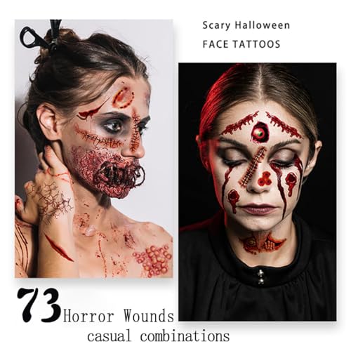 8PCS Fake Scars Tattoo Temporary Halloween Makeup Kit for Adult Women Men Zombie Sticker Scary Prank Fake Stitches Horror Evil Smile for Women Cosplay Party