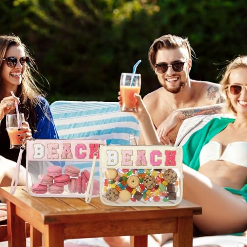 Kacctyen 6 Pcs Beach Bags Chenille Letter Clear Makeup Bag with Zipper Waterproof Cosmetic Toiletry Pouch with Handle Gym Travel Summer Gifts for Women Girls (Pink Mix,Beach)