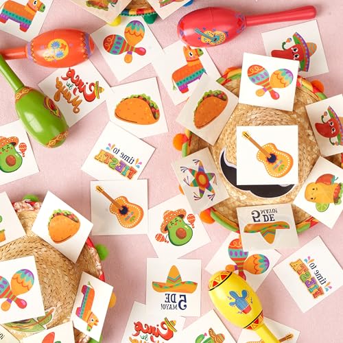 JOYIN 144 PCS Cinco De Mayo Temporary Tattoo Set for Mexican Themed Party, Fiesta Party Fake Tattoos Stickers Sombrero Hats, Taco Design, Face Body Tattoo Decorations