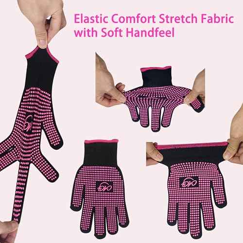 ANGENIL 2 PCS Heat Resistant Gloves with Silicone Bumps, Heat Gloves for Hot Hair Styling, Professional Heat Proof Glove Suitable for Flat Iron Hair Straightener, Curling Wand and Thermal Brush, Pink