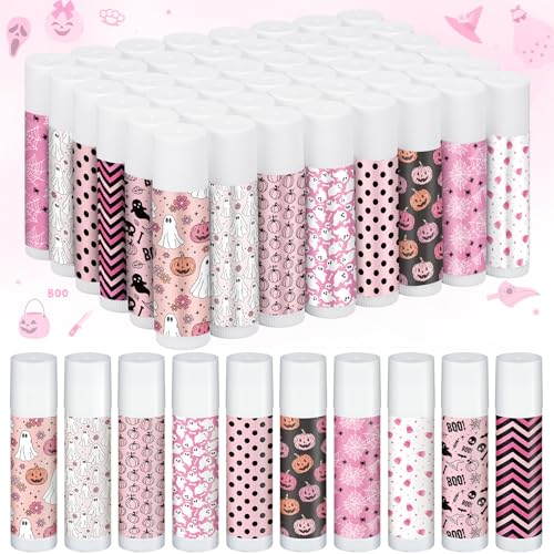 Siifert 20 Pcs Cute Pink Halloween Lip Balm Favors with Ghost Prints - Variety of 10 Flavors, Moisturizing & Travel-Friendly