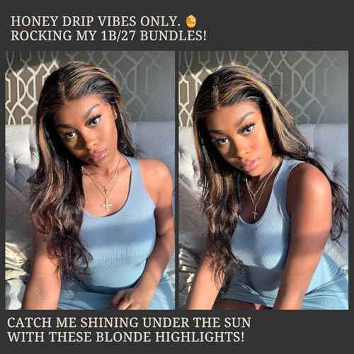 Highlight Honey Blonde Bundles Human Hair 18 Inch Body Wave Black and Blonde Balayage 1b/27 bundles 12A Brazilian Virgin Remy Hair Loose Wave Wavy Sew In Weave Ombre Single Bundle Piano Color P1b27