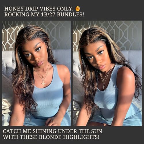 Highlight Honey Blonde Bundles Human Hair 16 Inch Body Wave Black and Blonde Balayage 1b/27 bundles 12A Brazilian Virgin Remy Hair Loose Wave Wavy Sew In Weave Ombre Single Bundle Piano Color P1b27