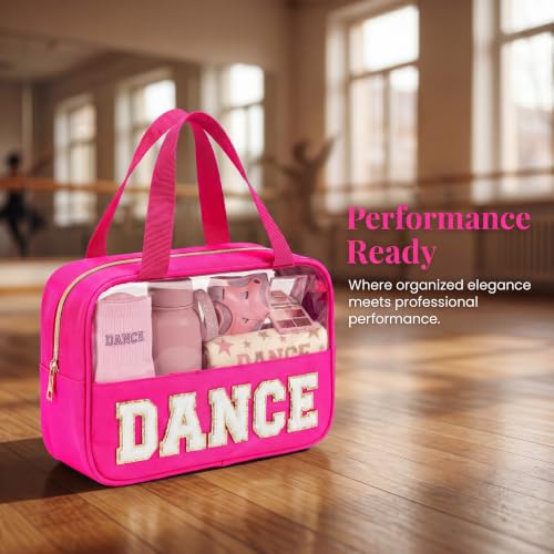Hot Pink-White Dance Makeup Bag with Chenille Letter & Handle - Girls & Women Gift