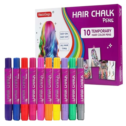 Hair Chalk Pens Set - 10 Washable Colors with Glitter