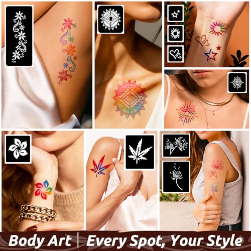 Temporary Tattoo Kit - 315 Designs, 9 Colors, 19 Stencils