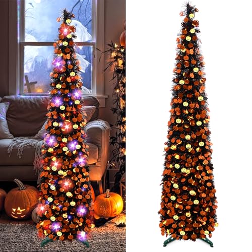 Black Halloween Tree with Light, 5Ft Pop Up Artificial Pencil Tree with Orange Pumpkin, Halloween Decorations Tree for Home Office Party Fireplace Holiday Decor(Purple Orange)