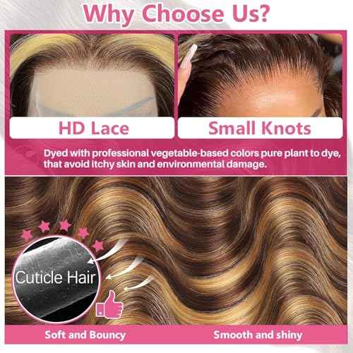 Ombre Highlight 13x6 HD Lace Front Wigs Human Hair with Baby Hair 200 Density 4/27 Honey Blonde Body Wave Frontal Wigs Human Hair 34 Inch