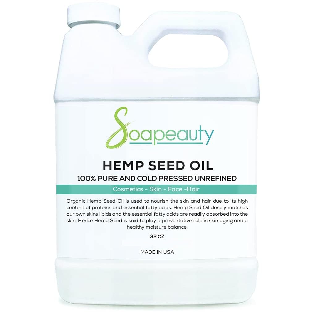 Soapeauty Hemp Seed Oil Unrefined Cold Pressed | Massage & Body Oil | for Skin, Face, Hair, and Soap Making | Carrier for Essential Oils | Rich in Omega Fatty Acids – 32 Fl Oz