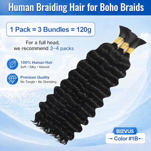 BIZVUS 14-Inch Curly Human Hair for Boho Braids - 3 Bundles