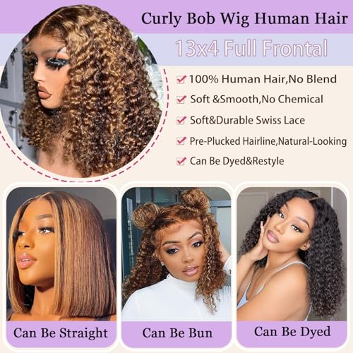 Curly Bob Wig Human Hair 13x4 HD Lace 14" Honey Blonde