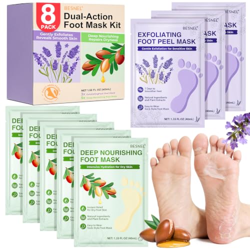 BESNEL 8-Pack Moisturizing & Foot Peeling Masks for Dry Cracked Feet