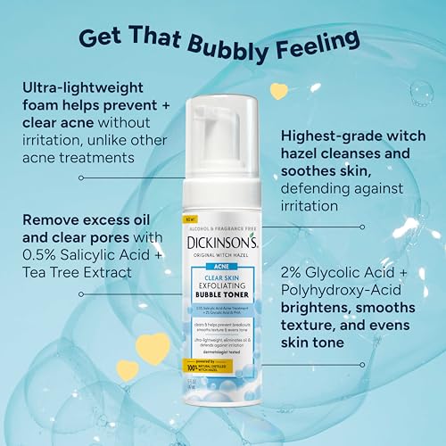 Dickinson¡¯s Witch Hazel Exfoliating Bubble Toner with 0.5% Salicylic Acid, Glycolic Acid & Niacinamide | Clears Pores, Smooths Texture, Brightens Skin | Alcohol-Free, Fragrance-Free | 5 Fl Oz