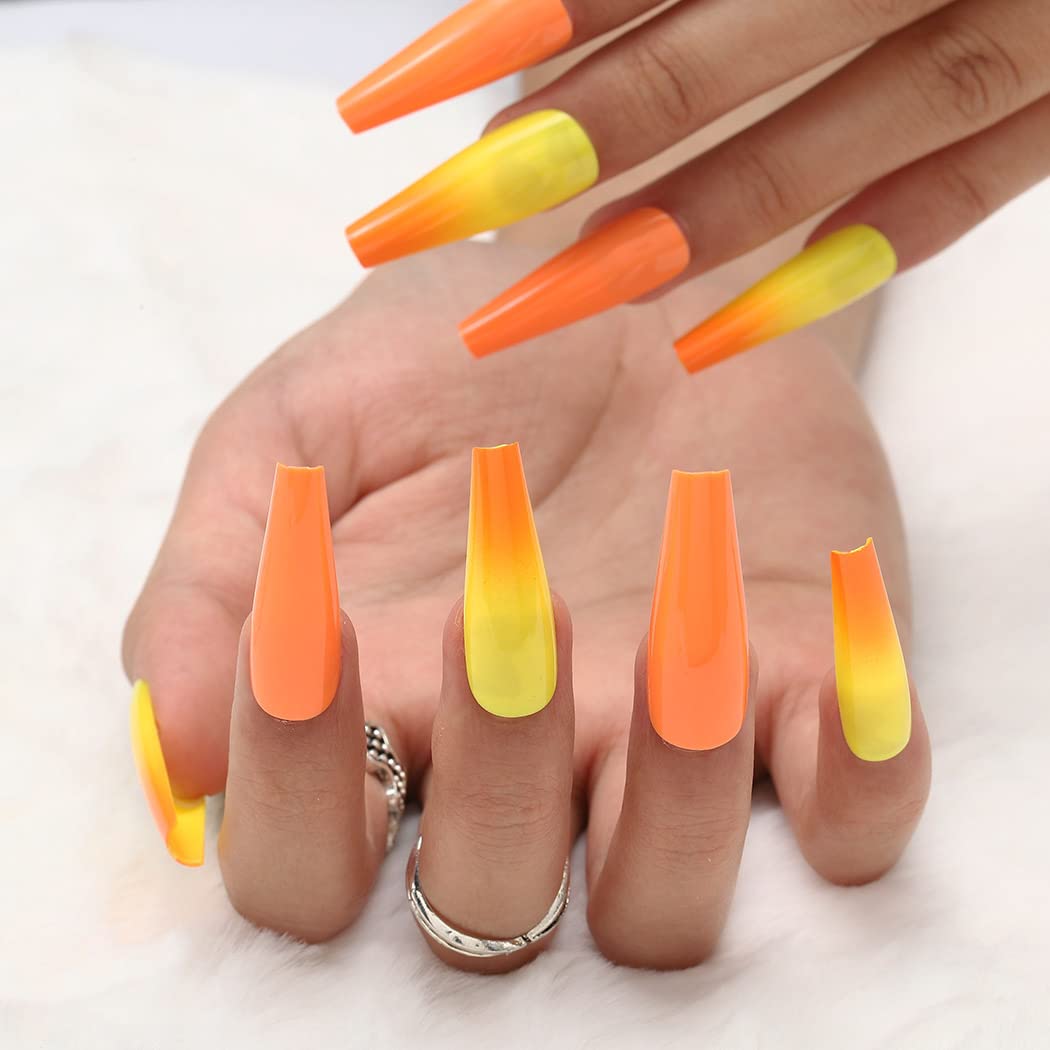 Gangel Coffin Press on Nails Extra Long Fake Nail Ballerina False Nails Glossy Full Cover Yellow Orange Fake Nails Acrylic Daily Wear Party for Women and Girls 24Pcs (Autumn)