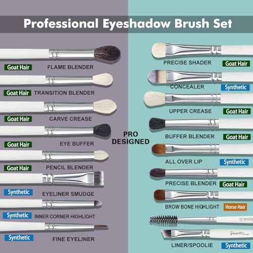 Bueart Design 16Pcs Essentials Pro Grade Makeup Brush Set For Eye Eyeshadow Blending,Brows,Liner, With Natural Hair, Premium Goat and Pony Hair
