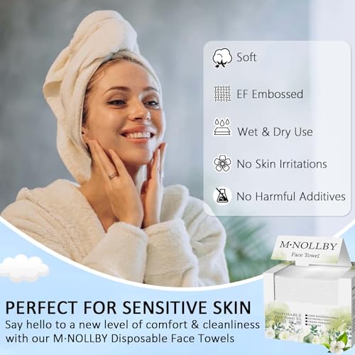 M¡¤NOLLBY Disposable Face Towel Makeup Remover, Biodegradable Clean Large 11 * 12inches XL Extra Soft Thick Washcloths Facial Towels, Bathroom Essentials, Sensitive Skin Care 50Count