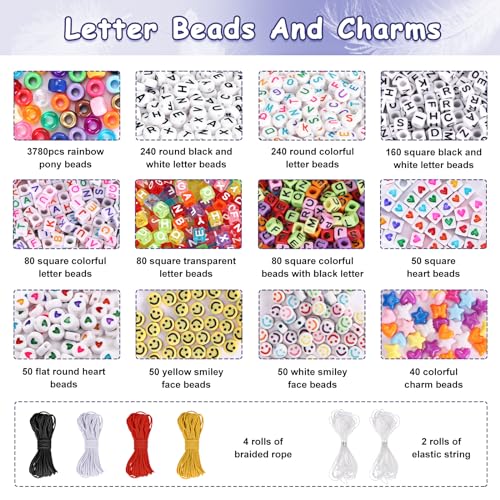 QUEFE 3250pcs Pony Beads Set, Friendship Bracelet Kit Kandi Beads 2400pcs Rainbow Beads in 96 Colors, 800pcs Letter and Heart Beads with 20 Meter Elastic Threads for Jewelry Necklace Making