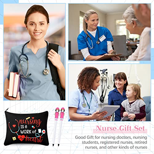 LEIFIDE 24 Pcs Nurse Appreciation Gifts for Women Nurse CNA Week Gift Include 12 Canvas Makeup Cosmetic Bag with Zipper and 12 Ballpoint Pen Accessories for Work Assistant(Adorable Style)