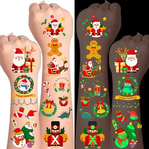 Glow in the Dark Christmas Tattoos for Kids, 35 Sheets | 350+ Cute Luminous Patterns, Christmas Stocking Stuffers Kids, Temporary Tattoos for Girls & Boys with Santa Claus, Reindeer, Snowmen & More