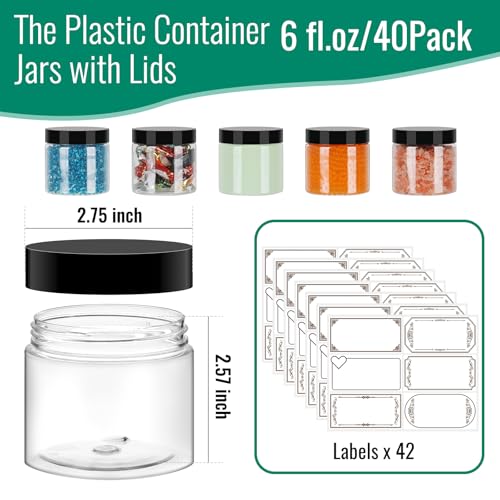 SZUAH 6 oz Plastic Containers with Lids 40Pack, Plastic Jars with Lids 6 oz, Empty Clear Slime Containers for Lotion, Cream, Body Butter, Makeup, Travel Storage(180ml, Set of 40)