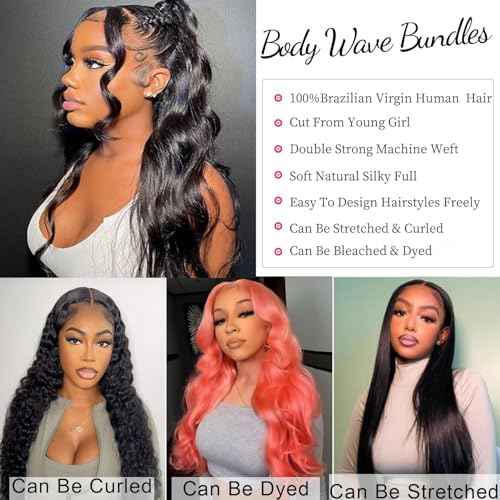Body Wave Human Hair Bundles Brazilian Virgin Body Wave Bundles Unprocessed Weave Human Hair 3 Bundles Natural Black Color Hair Extensions for Black Women