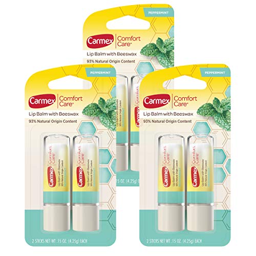 Carmex Comfort Care Lip Balm Sticks with Beeswax, Peppermint Lip Balm Flavor, 6 Count (3 Packs of 2)