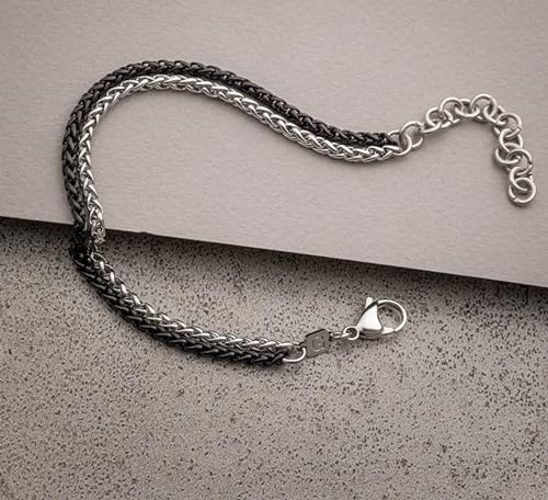 Galis Mens Bracelet - Stainless Steel Bracelet for Men, Non Tarnish Silver Plated Rope Chain Bracelet, Stylish Birthday Bracelets For Boys & Men, Silver & Black Bracelet For Men 7" length Bracelet Set