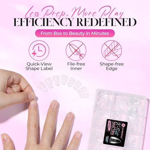 Luckyfairy X-Soft Short Almond Nail Tips 270pcs, 15 Sizes – Clear Gel Nail Tips