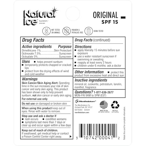 Natural Ice Original Medicated Lip Balm, Hydrating Lip Care for Dry, Chapped Lips, Moisturizing Formula with SPF 15 Helps Prevent Sunburn, Protection for Smooth, Soft Lips (Pack of 48)