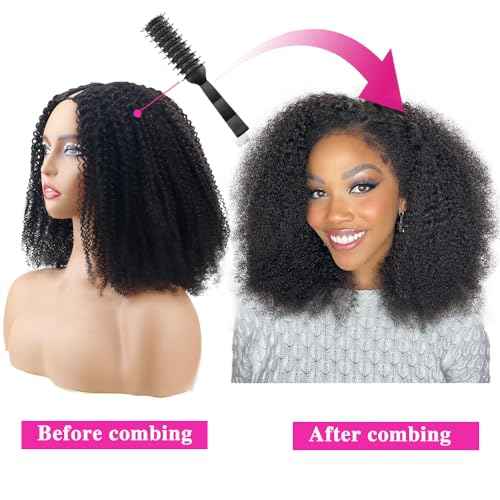 Afro Kinky Curly Human Hair Wigs Upgrade V Part Wigs With Drawstring,200% Density Wear And Go Glueless Wig Human Hair Full Head Clip Ins Half Wig(26 Inch,Natural Color)