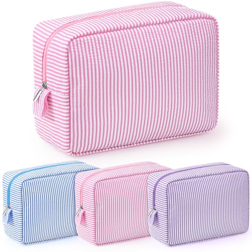 Sanwuta 3 Pcs Seersucker Cosmetic Bag Seersucker Makeup Bag Women Stripe Large Travel Toiletry Organizer Preppy Storage Pouch for Embroidery Christmas Bridesmaid Gifts(Pink, Light Blue, Purple)