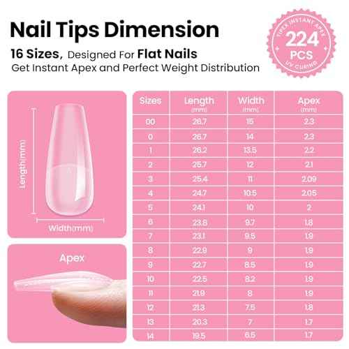 Beetles Tipex Pre-Building Instant Apex Nail Tips Kit ? Coffin Medium, 224PCS in 16 Sizes | Pre-Etched, Thick Full Cover Acrylic Tips with Nail Glue, Dehydrator, Primer, Base & Top Coat, Mini UV Lamp