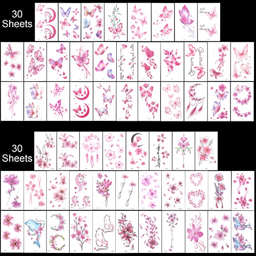 PAGOW 60 Sheets Pink Butterfly Temporary Tattoos Stickers